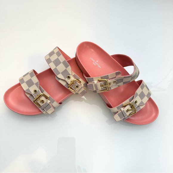 Authentication Louis Vuitton Bom Dia Slide Sandals Pink Damier Azure Buckle Mule - Picture 1 of 15